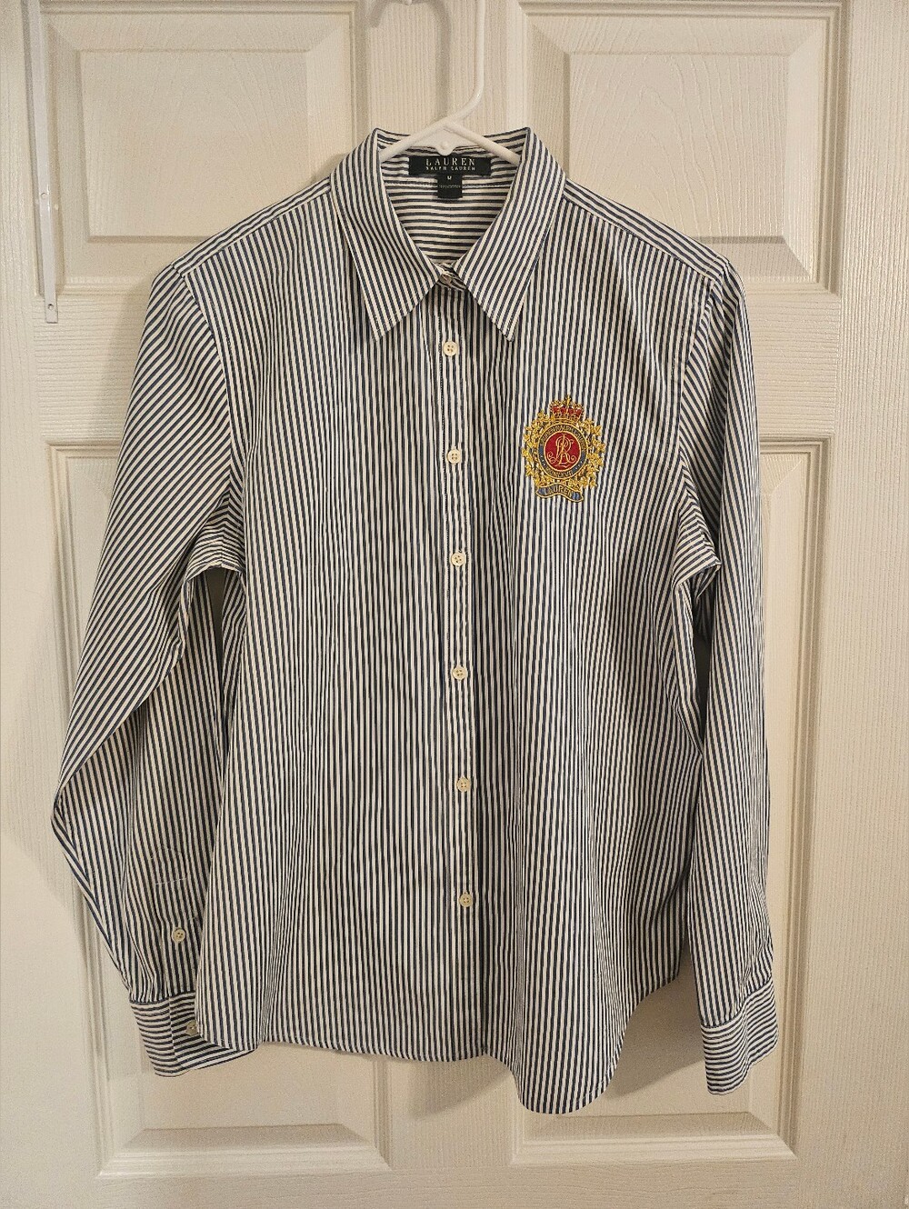Lauren Ralph Lauren Navy Stripe Button-Down Shirt with Crest